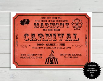 Carnival Birthday, Carnival Invitation, Circus Invitation, Circus Birthday, Carnival Party, Birthday Invitation, Carnival Invite, Circus