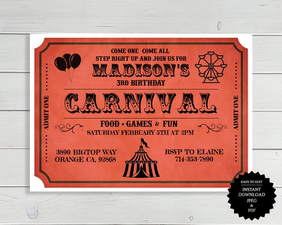 Carnival Birthday, Carnival Invitation, Circus Invitation, Circus Birthday, Carnival Party, Birthday Invitation, Carnival Invite, Circus