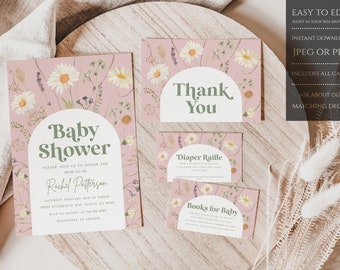 Chica de invitación de baby shower boho, baby shower de flores silvestres, invitación de baby shower de margarita, arco, invitaciones de baby shower, descarga instantánea - BWBS