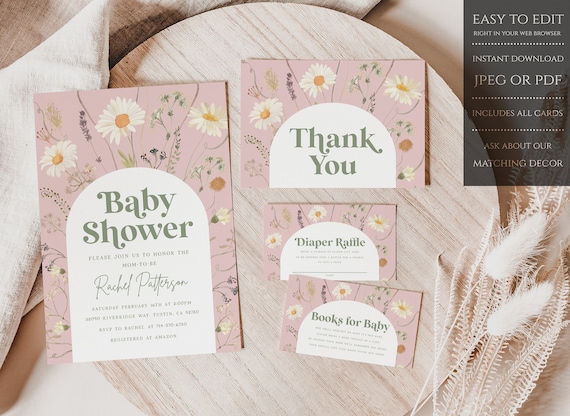 Boho Baby Shower Invitation Girl, Wildflower Baby Shower, Daisy Baby Shower Invitation, Arch, Baby Shower Invites, Instant Download - BWBS