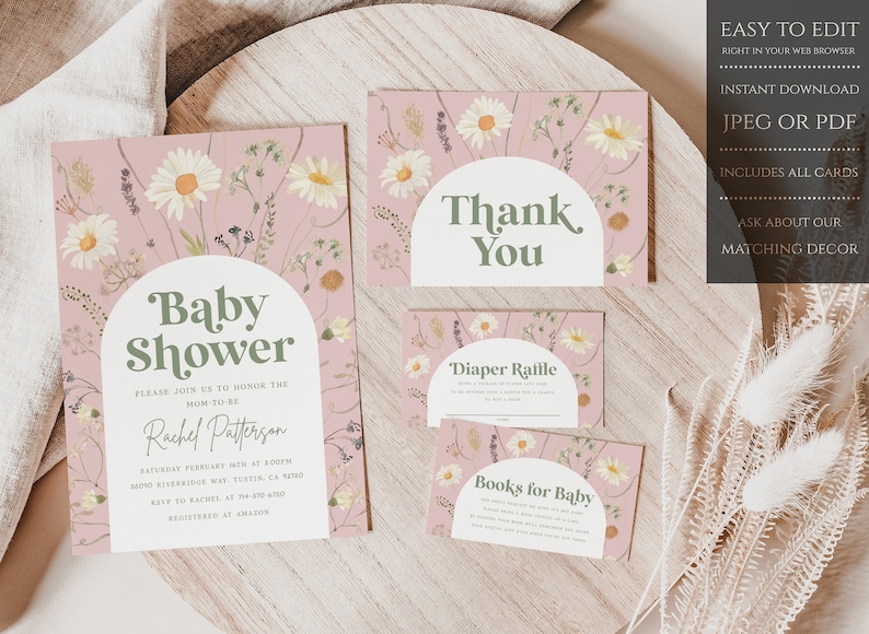 May include: A set of printable baby shower cards with a pink floral design. The cards include a baby shower invitation, a thank you card, a diaper raffle card, and a books for baby card. The text on the cards reads "Baby Shower", "Thank You", "Diaper Raffle", and "Books for Baby".