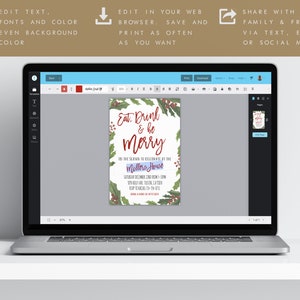 May include: A digital invitation with a festive Christmas theme. The invitation features a wreath of holly and berries with the text "Eat, Drink & be Merry" in red. The text "The season to celebrate at the Millora House" is also included, along with the date and time of the event.