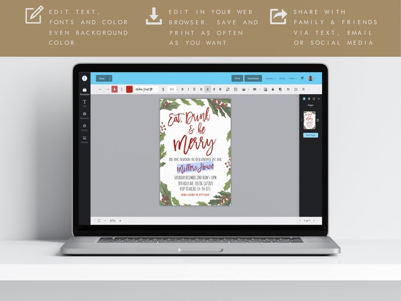 May include: A digital invitation with a festive Christmas theme. The invitation features a wreath of holly and berries with the text "Eat, Drink & be Merry" in red. The text "The season to celebrate at the Millora House" is also included, along with the date and time of the event.