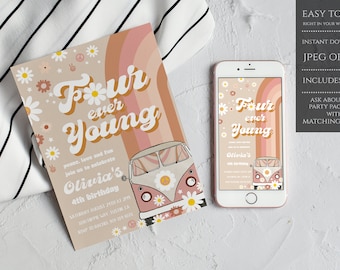 Vier ooit jonge Groovy 4e verjaardag uitnodigen, 4e Groovy verjaardagsuitnodiging, Retro Groovy Hippie 70's Rainbow, Instant Download, bewerkbaar