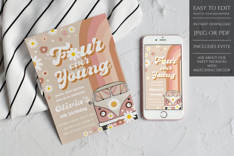 May include: A digital invitation for a 4th birthday party with a retro 70s theme. The invitation features a pink and white VW van with daisies and peace signs. The text reads "Four ever Young" and "Olivia's 4th birthday".