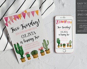 May include: A printable invitation for a "Taco Tuesday!" birthday party. The invitation features a pink and orange banner, a cactus illustration, and the text "It's Taco Tuesday! Join us for a birthday fiesta Olivia is turning two".