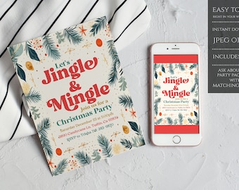 Jingle And Mingle Christmas Party Invitation, Retro Holiday Party Christmas Invite, INSTANT DOWNLOAD, Printable Invitation