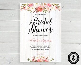 Pink Floral Bridal Shower Invitation, Floral Bridal Shower, Rustic Bridal Shower Invitation, Spring Bridal Shower Invitation, Pink Peony