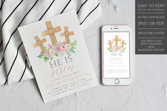 He Is Risen Easter Invitation, Easter Party Invitation, Printable Invitation