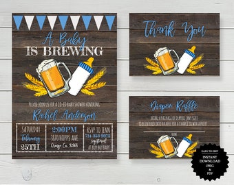 May include: A baby shower invitation with a rustic wood background. The invitation features a beer mug and a baby bottle with wheat stalks. The text reads "A Baby Is Brewing".
