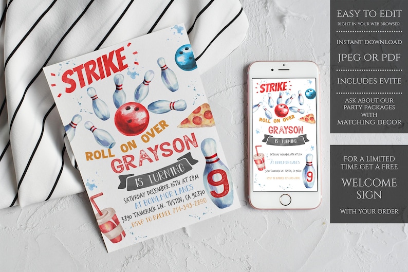 Bowling Birthday Party Invitation, Bowling Party Invite, Printable Invite, INSTANT DOWNLOAD - BBPI image 1