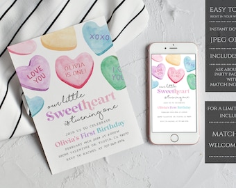 May include: A printable invitation for a first birthday party. The invitation features a watercolor design of candy conversation hearts with the text "our little sweetheart is turning one" and "Olivia's First Birthday".