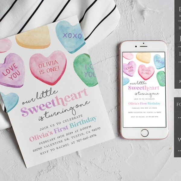 Sweetheart Birthday Invitation Template, Sweet One Birthday Invitation,Our Little Sweetheart, Editable Template, Instant Download