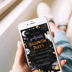 May include: A digital invitation for a Halloween party with a black chalkboard background. The invitation features a ghost, bats, a cauldron, a pumpkin, and the text "Join us for a Spooktacular Halloween Party".