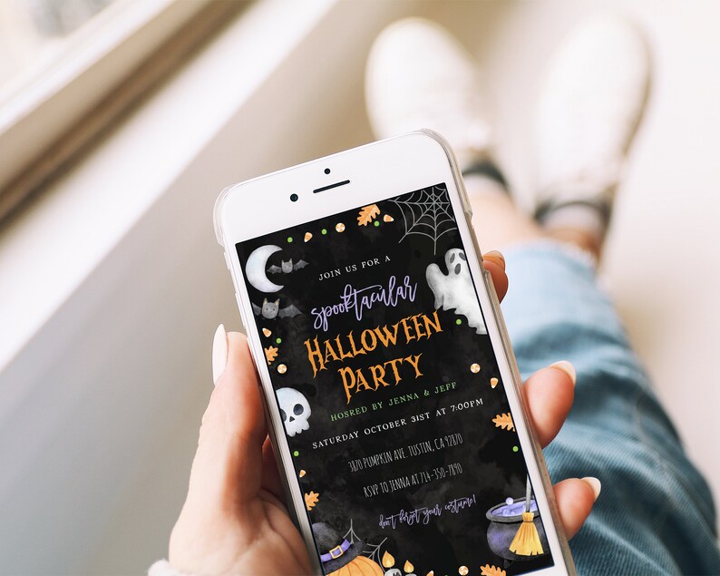 May include: A digital invitation for a Halloween party with a black chalkboard background. The invitation features a ghost, bats, a cauldron, a pumpkin, and the text "Join us for a Spooktacular Halloween Party".