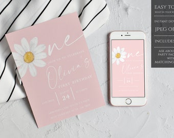 Daisy First Birthday Invitation Girl, Daisy One Birthday Invite , Daisy First Birthday Invitation, Pink Daisy One, Instant Download