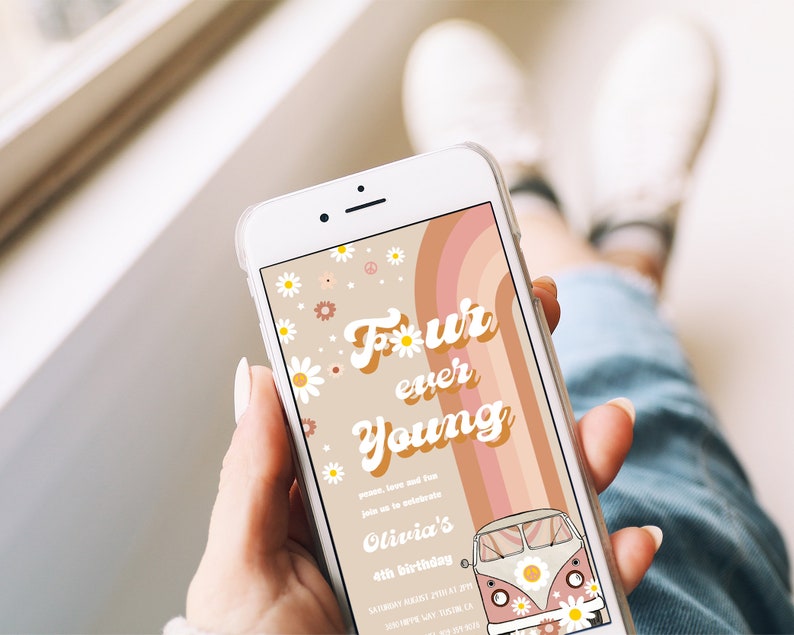 May include: A digital invitation for a 4th birthday party with a retro 70s theme. The invitation features a colorful rainbow, daisies, and the text "Four ever Young". The invitation also includes a vintage VW bus with daisies on it.