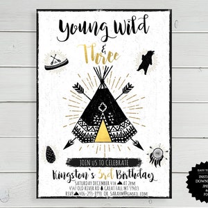 Young Wild And Three, Third Birthday, Young Wild Three Birthday, Invitation, 3rd Birthday, 3rd Birthday Invite, Tribal Invitation, Boho