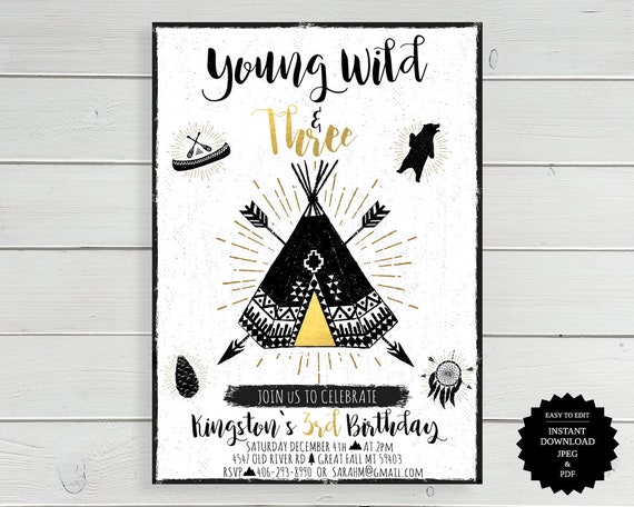 Young Wild And Three, Third Birthday, Young Wild Three Birthday, Invitation, 3rd Birthday, 3rd Birthday Invite, Tribal Invitation, Boho