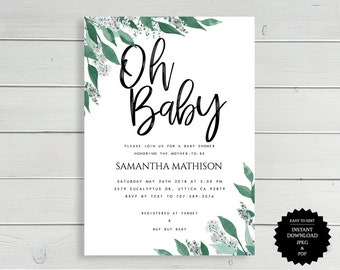 Baby Shower, Greenery Baby Shower, Baby Shower Invite, Greenery Invitation, Gender Neutral Invitation, Shower Invitation, Printable Invite