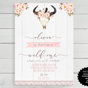 Wild One Birthday Invitation, Boho Girl First 1st Birthday Invitation, Tribal Birthday Party Invite, Floral Tribal Boho Birthday Invitation