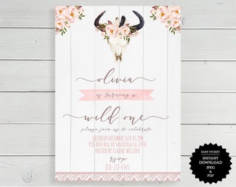 Wild One Birthday Invitation, Boho Girl First 1st Birthday Invitation, Tribal Birthday Party Invite, Floral Tribal Boho Birthday Invitation
