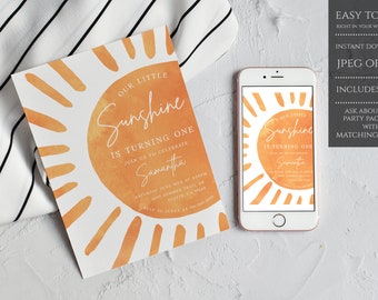 Sunshine 1st Birthday Invitation, Our Little Sunshine is One Editable Template, First Birthday Invite Sun, Instant Download