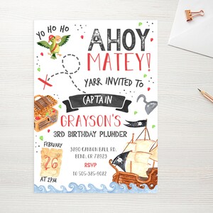 May include: Ahoy Matey! Invitation to Captain Grayson's 3rd Birthday Pirate Party. The invitation features a treasure map, a pirate ship, and a treasure chest. The party is on February 26th at 2 PM. RSVP to 505-385-9082.