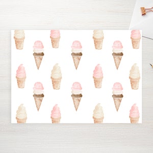 May include: A white background with a repeating pattern of watercolour ice cream cones. The ice cream cones are in three different flavours: vanilla, strawberry and chocolate. The ice cream cones are all in a light brown cone.