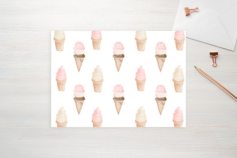 May include: A white background with a repeating pattern of watercolour ice cream cones. The ice cream cones are in three different flavours: vanilla, strawberry and chocolate. The ice cream cones are all in a light brown cone.