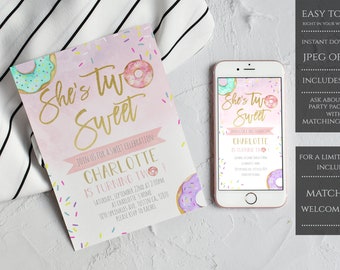 Donut Second Birthday Invitation, Donut Grow Up Second Birthday Invite, Two Sweet Birthday Invite, INSTANT DOWNLOAD, Printable Template DBPI