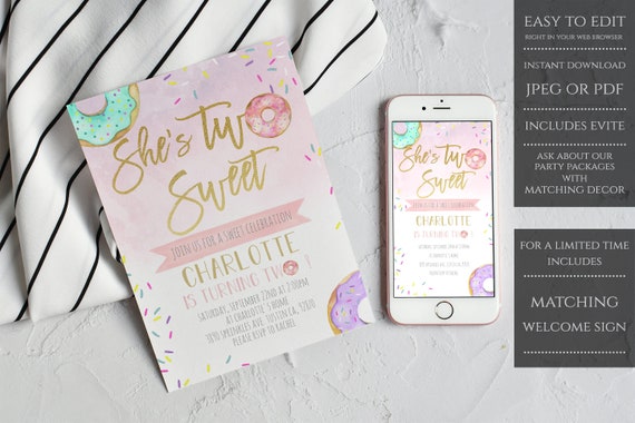 Donut Second Birthday Invitation, Donut Grow Up Second Birthday Invite, Two Sweet Birthday Invite, INSTANT DOWNLOAD, Printable Template DBPI