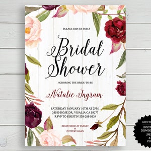 Marsala Bridal Shower Invitation, INSTANT DOWNLOAD, Rustic Bridal Shower Invitation, Watercolor, Roses, Burgundy Bridal Shower Invitation
