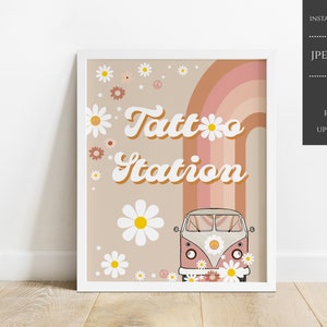 Signo de fiesta de comida groovy, fiesta de la estación de tatuajes, signo de cumpleaños de decoración de fiesta hippie van, signo de comida Daisy Retro 70s Peace, descarga instantánea, GBPD