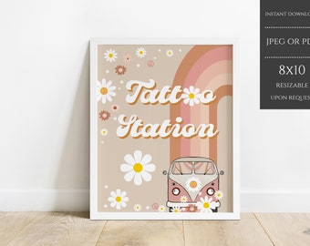 Groovy Food Party Sign, Tattoo Station Party, Hippie Van Party Decor Birthday Sign, Food Sign Daisy Retro 70s Peace, Instant Download, GBPD