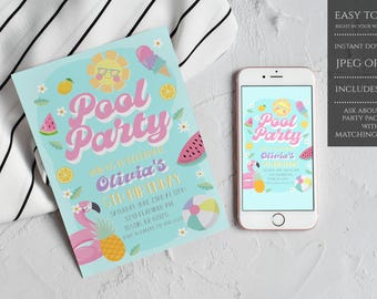 Editable Pool Party Invitation, Girl Pool Party Birthday Party, Beach Party Invitation, Summer Birthday Party, Pastel Pool Party Invite