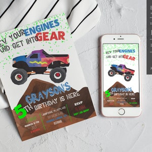 Puede incluir: Una invitaci&oacute;n imprimible para una fiesta de cumplea&ntilde;os de 5 a&ntilde;os con tem&aacute;tica de monster truck. La invitaci&oacute;n presenta un monster truck colorido en una pista de tierra con el texto "Rev your engines and get into gear". La invitaci&oacute;n tambi&eacute;n incluye el nombre del ni&ntilde;o de cumplea&ntilde;os, Grayson, y la fecha y hora de la fiesta.