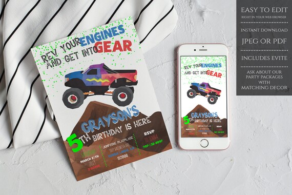 Monster Truck, Monster Truck Invite, Monster Truck Party, Truck Invitation, Truck Birthday, Birthday Invitation, Boy Birthday, Monster