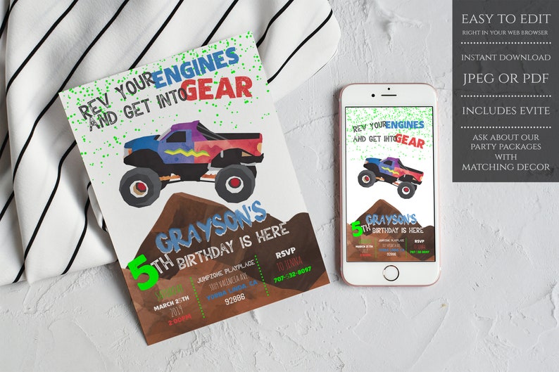 Puede incluir: Una invitaci&oacute;n imprimible para una fiesta de cumplea&ntilde;os de 5 a&ntilde;os con tem&aacute;tica de monster truck. La invitaci&oacute;n presenta un monster truck colorido en una pista de tierra con el texto "Rev your engines and get into gear". La invitaci&oacute;n tambi&eacute;n incluye el nombre del ni&ntilde;o de cumplea&ntilde;os, Grayson, y la fecha y hora de la fiesta.