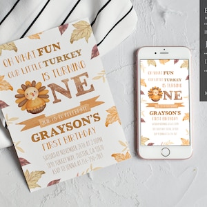 Turkey Birthday Invitation, Our Little Turkey Is One, Thanksgiving Birthday Invite, Fall Birthday Invitation Editable Downloadable Printable