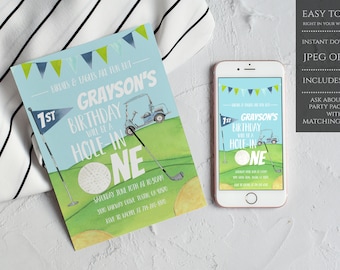 Editable Hole in One Birthday Invitation, Golf First Birthday Par-tee, Golf Invite, Boy Golfing Download Printable Template Digital - GBPI
