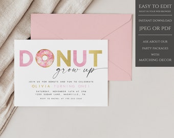 Donut Grow Up First Birthday Invitation, Donut First Birthday Invitation, Instant Download, Printable Template