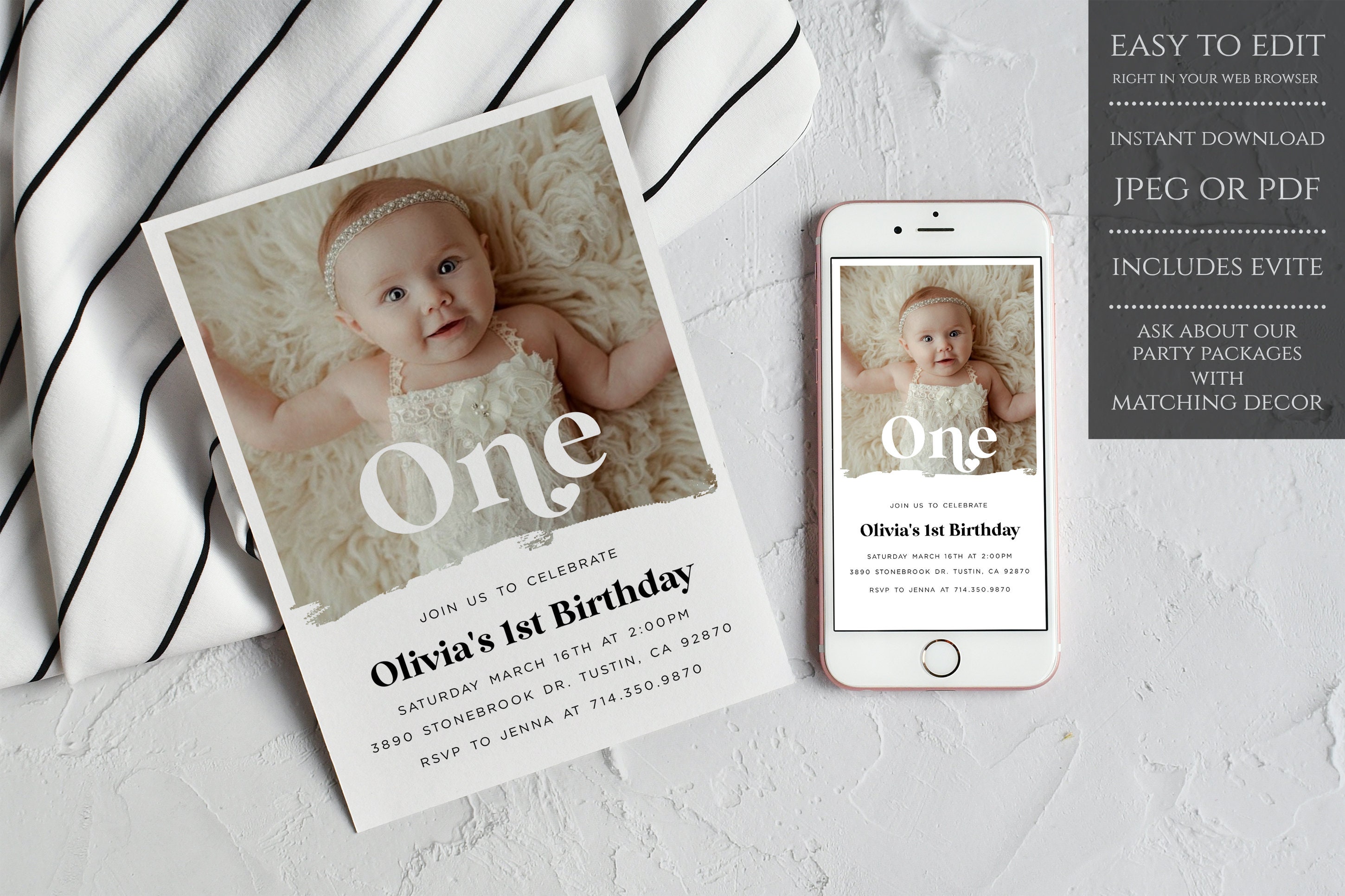 1st Birthday Invitation, Modern First Birthday Invitation, Editable 1st Birthday Invitation, Birthday Photo Invitation, Minimalist Birthday