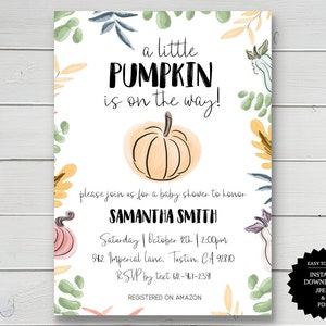 Little Pumpkin Baby Shower, Fall Baby Shower, Gender Neutral Baby Shower, Digital Download, 5x7 Editable Template