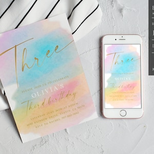 3rd Birthday Invitation Girl, Third Tea Party Invite, Editable Pastel Rainbow Third Birthday Invite, Ombre Pink Gold Peach Blue