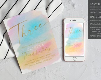 3rd Birthday Invitation Girl, Third Tea Party Invite, Editable Pastel Rainbow Third Birthday Invite, Ombre Pink Gold Peach Blue