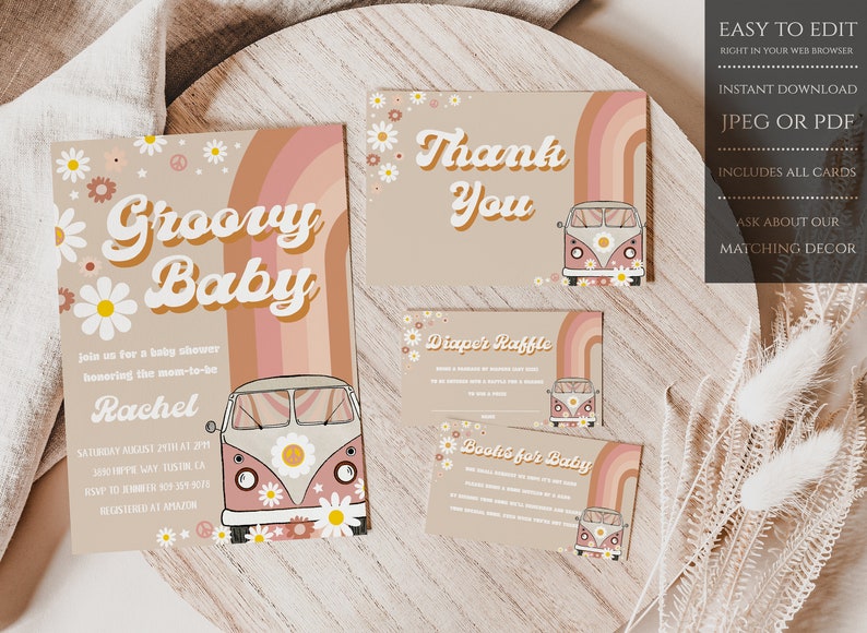 May include: A collection of baby shower stationery with a retro design. The main invitation says "Groovy Baby" with a vintage van illustration. Other cards include "Thank You", "Diaper Raffle", and "Books for Baby". The colour scheme features beige, peach, and brown.