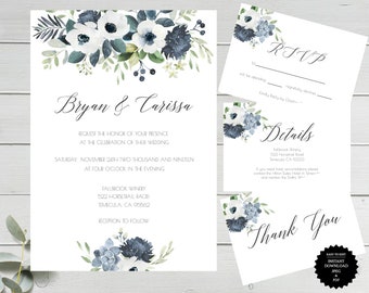 Blue Floral Invitation Templates Blue Floral Wedding Invitation Blue Floral Printable Wedding Invite Blue Floral Invitation Template