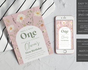 Boho First Birthday Invitation Girl, Girl Wild One Birthday Invite , Daisy First Birthday Invitation, Arch, Instant Download - BWOBP