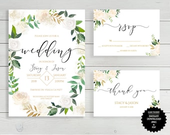 Invito a nozze floreale bianco, invito a nozze floreale verde oro bianco, matrimonio Boho, invito a nozze nel verde, invito a nozze floreale